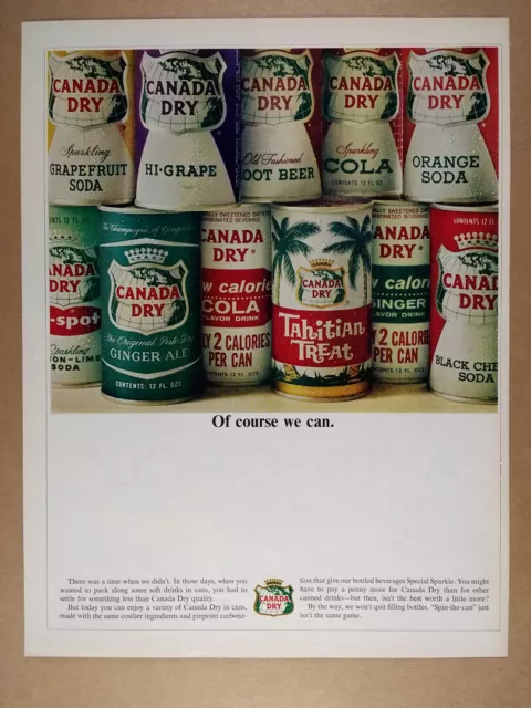 1964 Canada Dry Soda in Cans ginger ale cola tahitian grape vintage print Ad