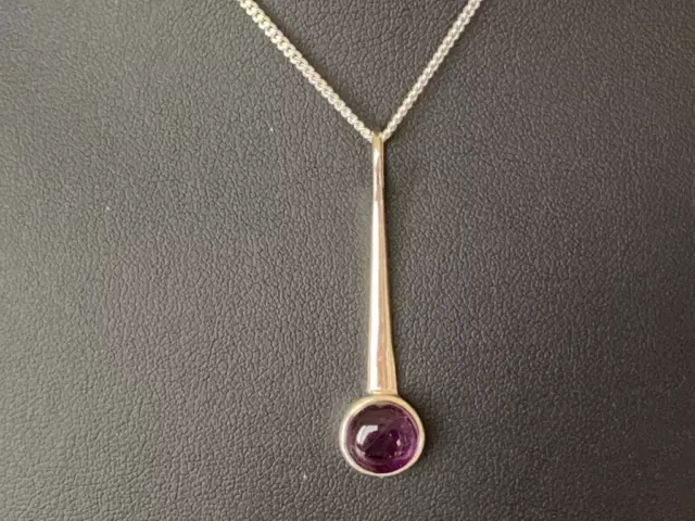 925 Sterling Silver Amethyst Necklace Round Disc Long Bar Pendant Gemstone Tear