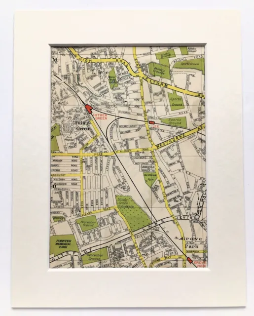 Antique 1940s London Map - Mounted - Colour - HITHER GREEN, GROVE PARK