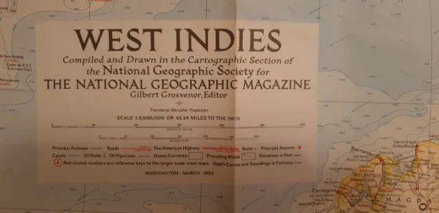 Vintage 1954 West Indies Map National Geographic Siciety. Good Condition.