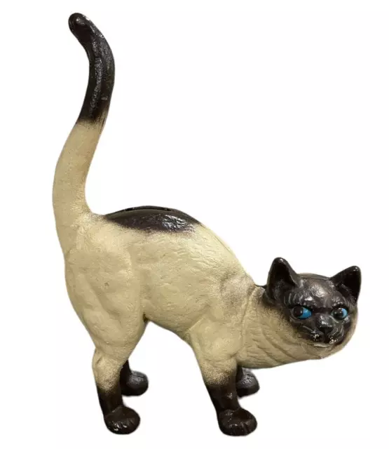 VTG Cast Iron Siamese Cat Still Bank Doorstop Hubley? Blue Eyes Tail Up 10.5" H