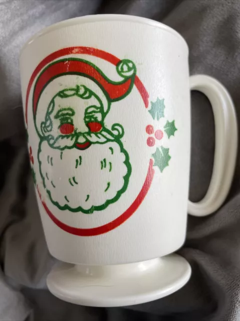 Vintage White Plastic Footed Bottom Drinking Mug W/Santa Image In Red & Green