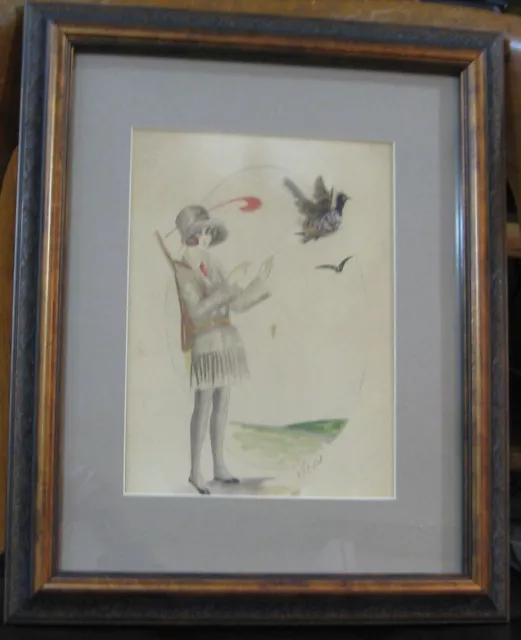 Original Vintage Art Deco Era Framed Print Lady Shooter Hand Colored Gun Birds