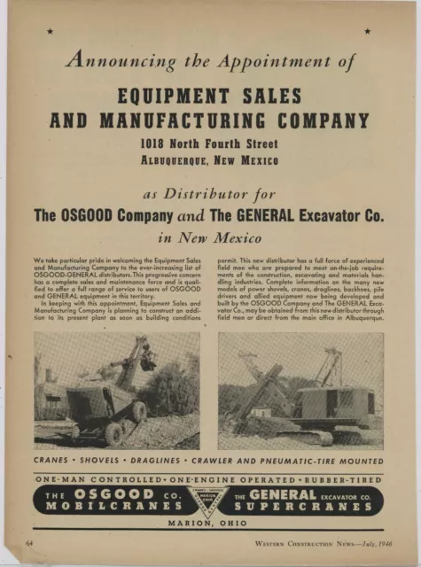 1946 Equipment Sales & Mfg. Co. Ad: Osgood & Marion Crane Dealer Albuquerque