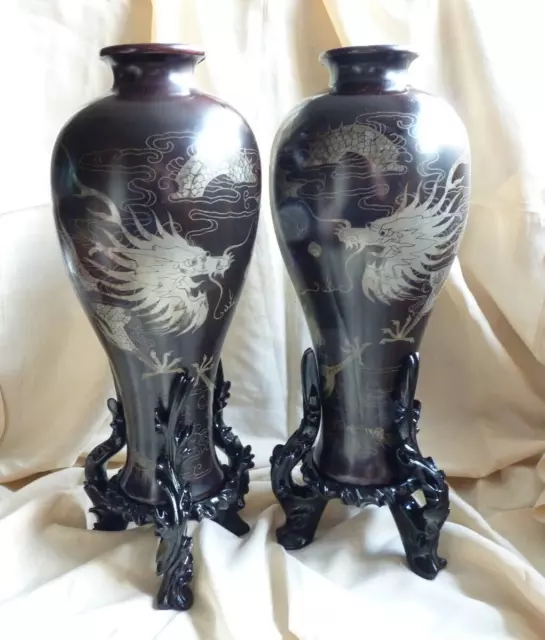 2 x Large Chinese Lacquer Meiping Vases Stands Dragons Pearl Silver Foochow 40cm