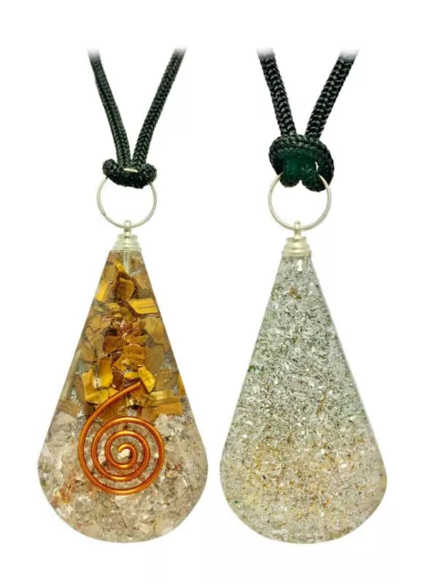 Tiger Eye & Clear Quartz Copper Coil Teardrop Orgonite Pendant Healing Necklace