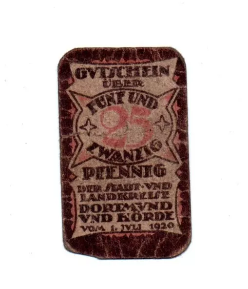 Gutschein über 25 Pfennig der Stadt und Landkreise Dortmund und Hörde 1920