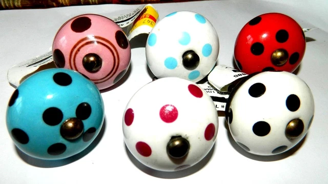 Nwt Vintage Ceramic Metal Drawer Dresser Cabinet Door Knob Pulls Polka Dots