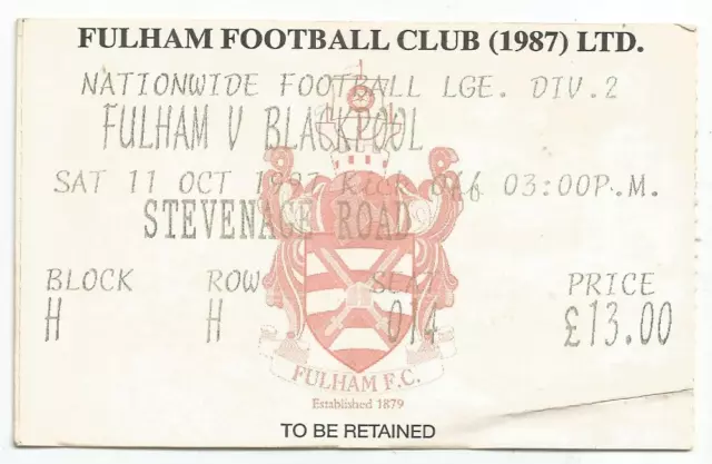 Football Ticket Stub - Fulham v Blackpool - Div 2 - 11/10/1997