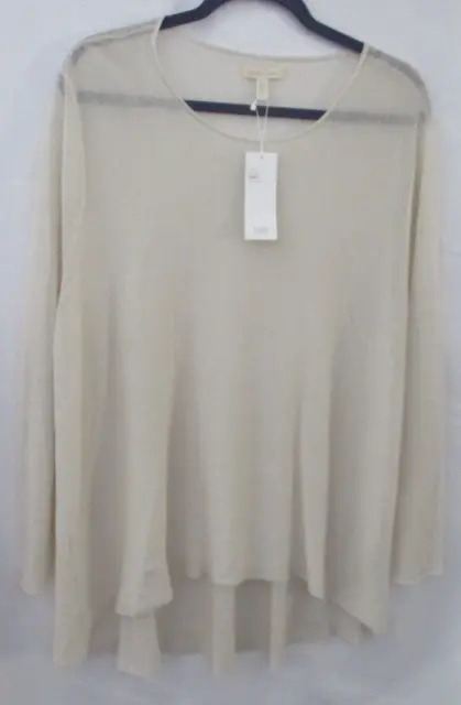 Eileen Fisher Bone Fine Organic Linen Crepe Knit Jewel Neck Top Size L $218 -Nwt