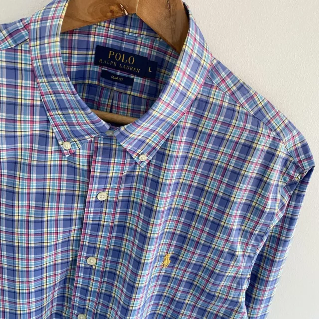 Polo Ralph Lauren Shirt Size L Large Mens Blue Check Cotton Slim Fit Long Sleeve