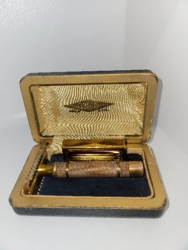 Vintage 1930's New Gold Bostonian Set DE Open Comb 3 Piece Razor & Case