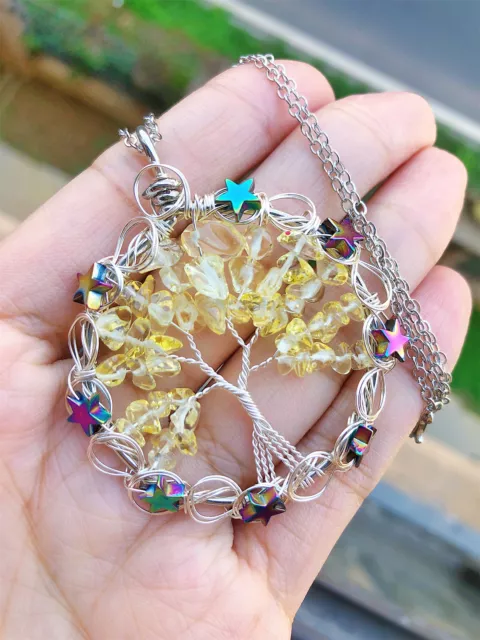 Yellow Crystal Tree Of Life Water-Drop Necklace Chakra Reiki Healing Amulet