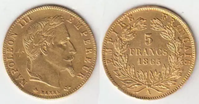 Frankreich Napoleon III. 1852-1870  5 Francs Gold 1865 A  vzgl
