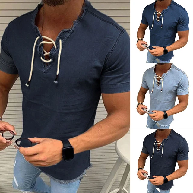 Denim da Uomo Top Manica Corta Coulisse T-shirt Con Scollo A V Casual Fit Lacci