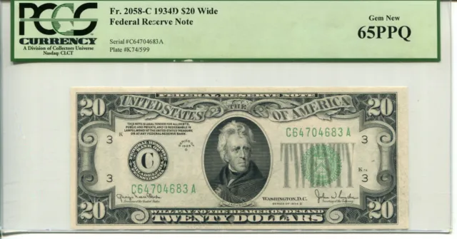 Fr 2058-C 1934D $20 Federal Reserve 65 PPQ GEM NEW