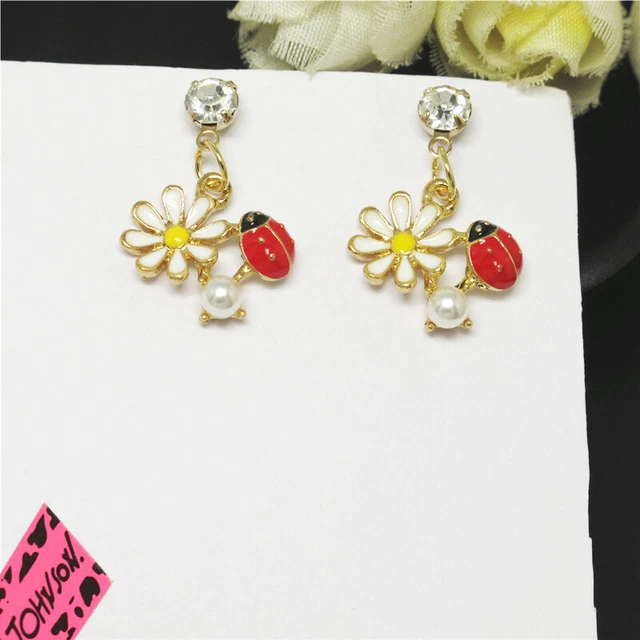 New White Enamel Cute Flower Beetle Crystal Fashion Women Stand Earring Gifts