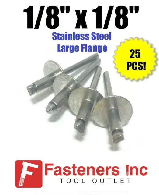 (Qty 25)  1/8" x 1/8" Grip ALL Stainless Steel Large Flange POP Rivet 42LF