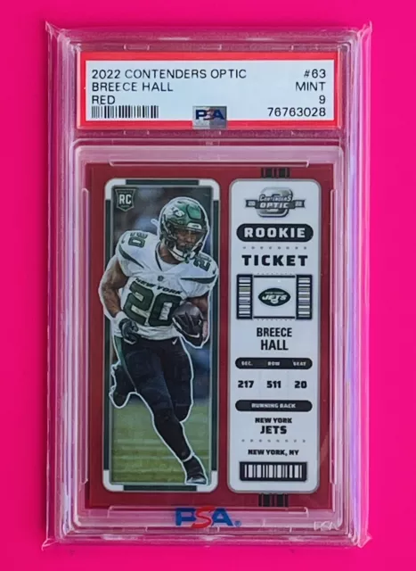 Breece Hall 2022 Contenders Optic Rookie Ticket—Red/175 #63 PSA 9 (POP 4—2)