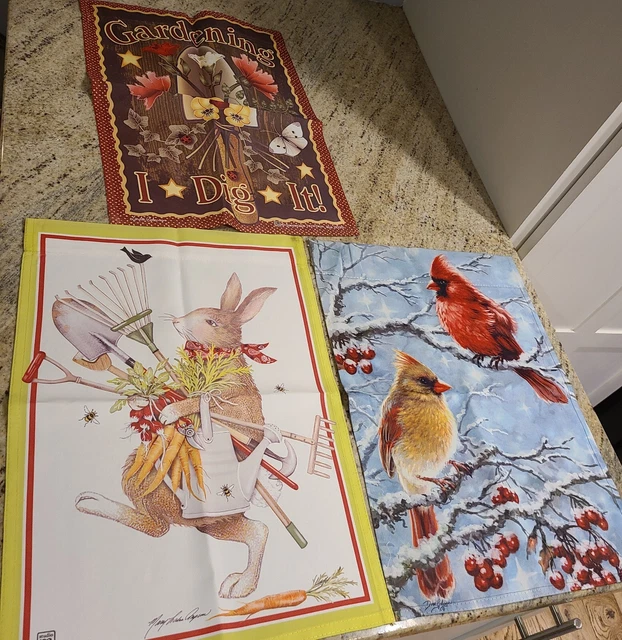 Lot of 3 13x18" Spring Bunny Winter Cardinal Jeremiah Junction Garden Flags