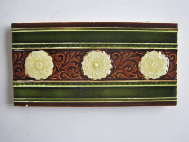 Antique Victorian Pilkingtons Moulded And Glazed 6" X 3" Floral Border Tile