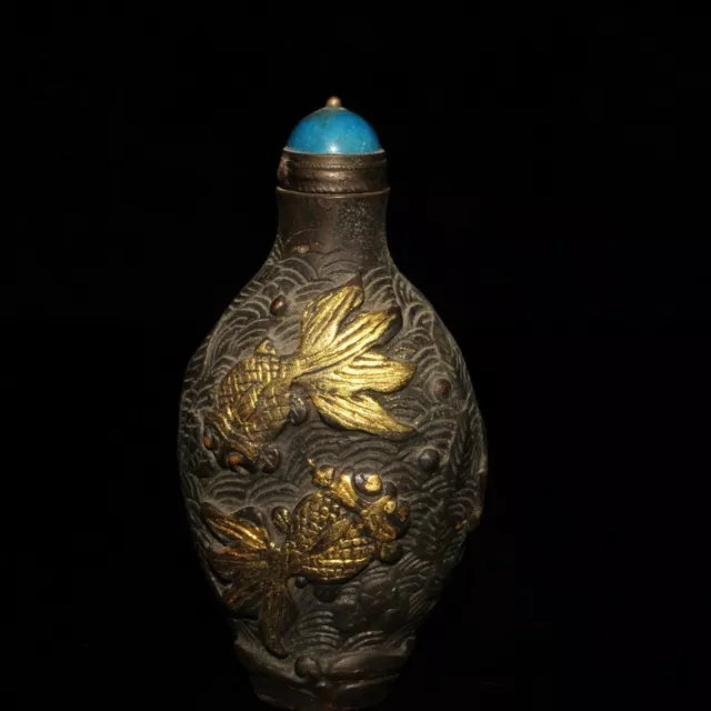 old chinese copper gilt handmade carving goldfish statue exquisite snuff bottle 2