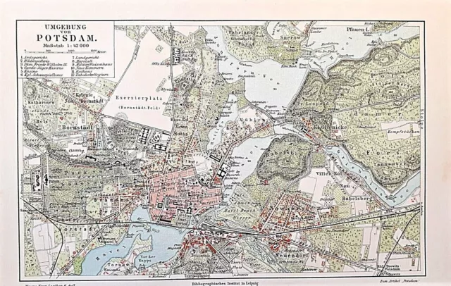 Alte Lithographie, Historischer Stadtplan, Umgebung von Potsdam, ca. 1920, rar