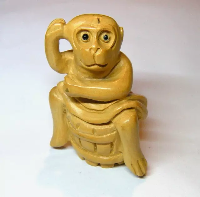 Vintage 2" Washing Monkey in Barrel Japanese Carved Boxwood Netsuke Glass Eyes