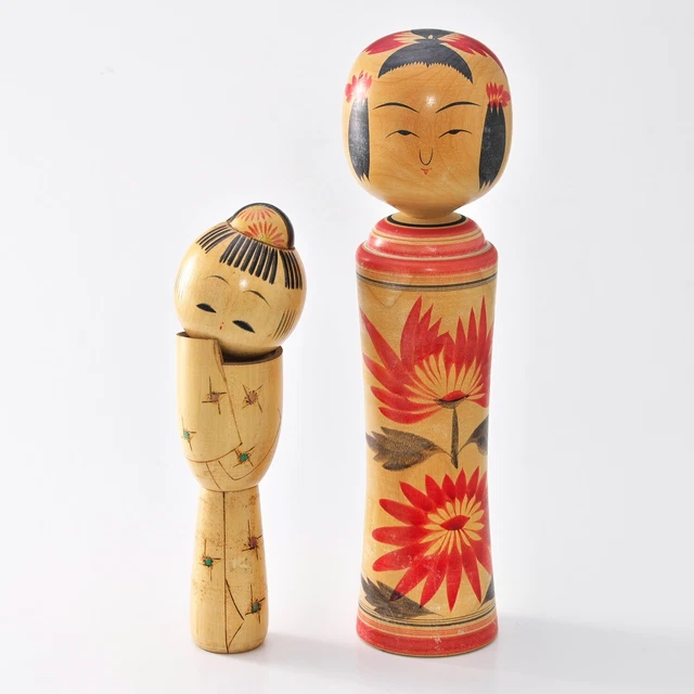 Japanese Wooden Kokeshi Doll Teruyuki  Author Unknown　KamHand Painted　set of two