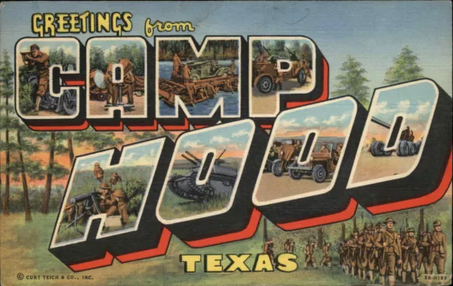 WWII Era Camp Hood Texas Soldiers Large Letter Linen Vintage Postcard