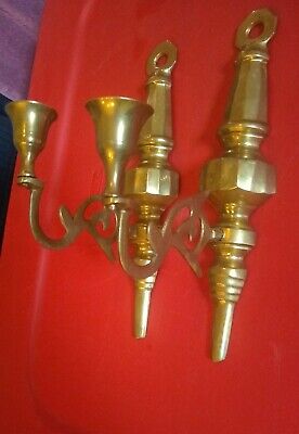 Vtg Pr. Brass Ornate Wall Sconce Candle Holders 10" Long