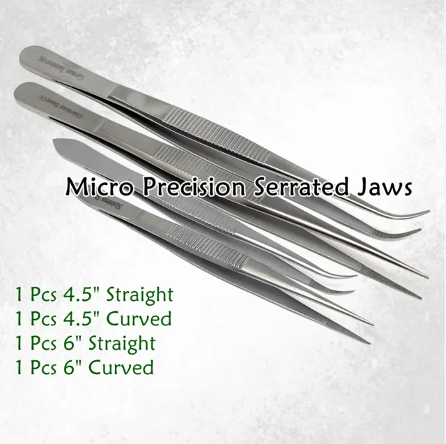 Surgical Tweezers Set Micro Serrated Jaws Stainless Steel Lab Forceps - Set of 4