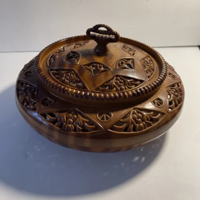 RETRO Faux Carved Wood Jewelry Makeup Vanity Footed Round Bowl w/Lid & Insert