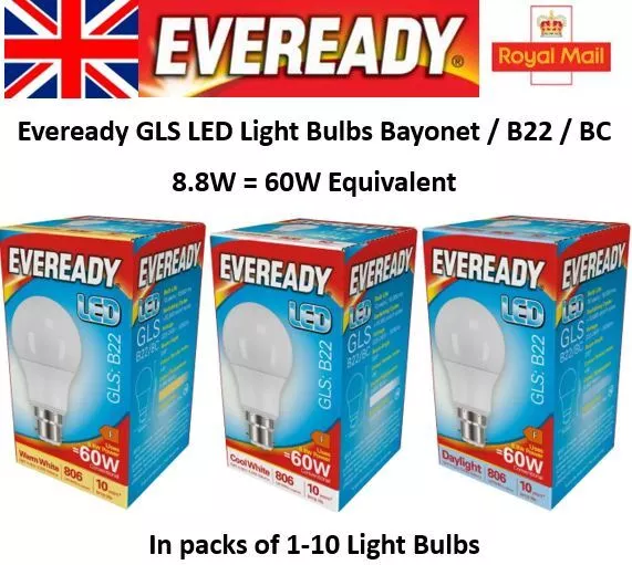 LED Light Bulbs 8.8W = 60W GLS Bayonet BC B22 Warm, Cool, Daylight White 60 Watt