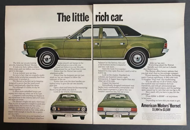 Vtg 1969 (2 Page) Print Ad For American Motors Hornet-"The Little Rich Car"