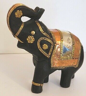 Vintage Wooden ELEPHANT Brass and Copper Inlay Tarkeshi Art from Jaipur India