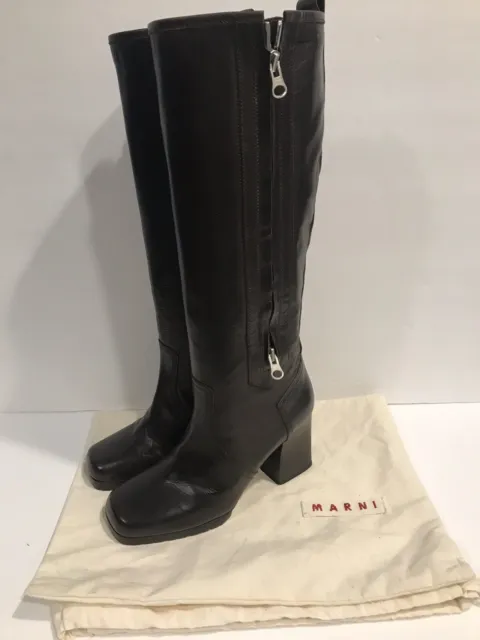 MARNI Womens Brown Leather Knee High Tall Platform Boots  35 EUR 5 US