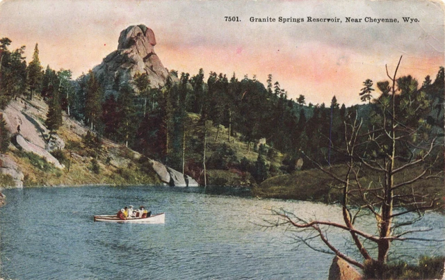 Postcard WY Cheyenne Boating Granite Springs Reservoir Lake Owen 1910's Hiking