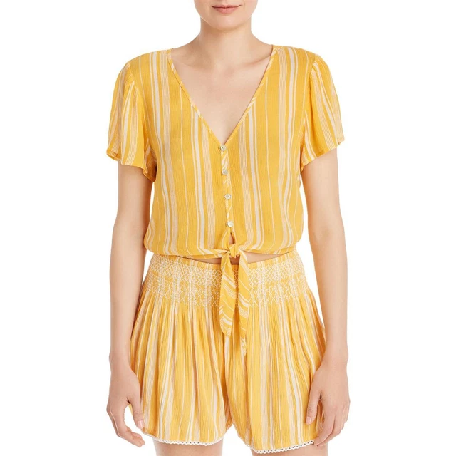 Aqua Womens Yellow Button-Down V-Neck Knot Front Crop Top Blouse L  6212