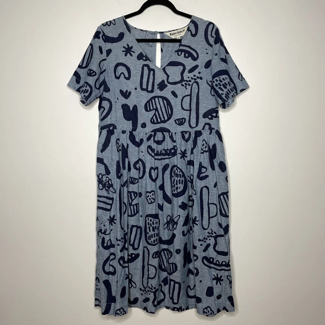 GORMAN X KINDAH Khalidy Linen Blend Scibble Dress Size 8 Blue Smock