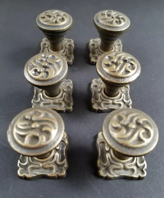 6 Ornate Art Nouveau Ornate Brass Knobs, Pulls hardware w. 1" back plate #K5