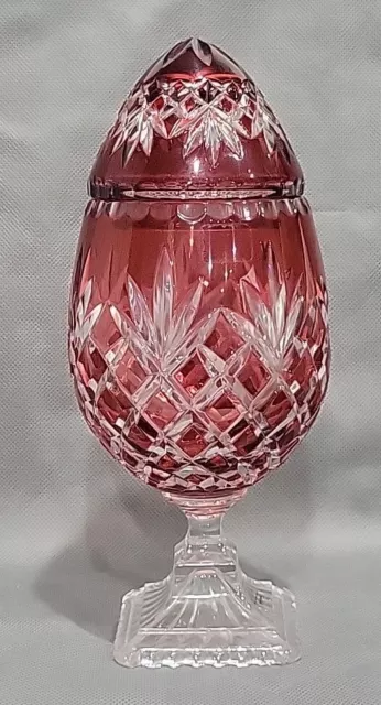 Vintage Bohemian Ruby Red Cut to Clear Crystal LARGE Egg Shap Covered Bowl Mint