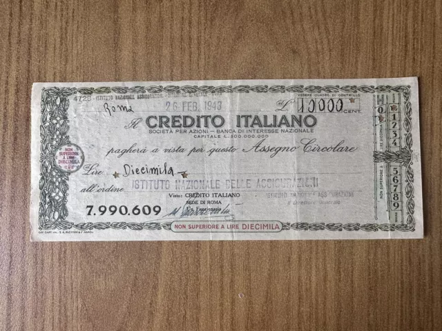 ASSEGNO CIRCOLARE IL CREDITO ITALIANO ROMA 26 febbraio 1943 10000 LIRE