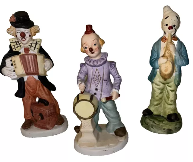 Vintage Porcelain Clown Figurines All 3 Play a Musical instrument between 6-8” T