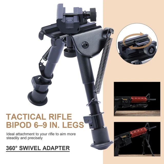 Tactical Rifle Bipod with Legs Adjustable 6-9" and 360 Degree Swivel Adapter
