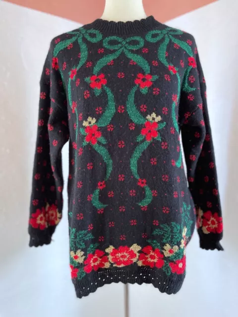 Vintage Dana Scott Christmas Floral Bow Knit Sweater Sz M Red Green USA Made