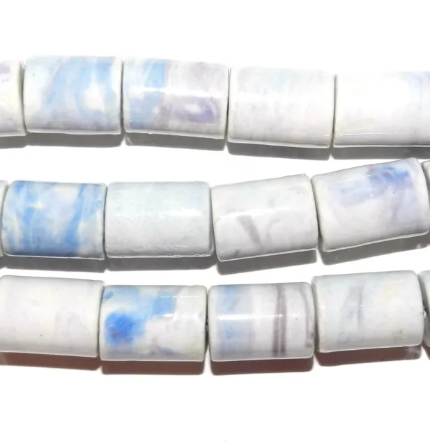 CPC220 Marbled White, Purple & Blue 18mm - 22mm Round Tube Porcelain Beads 15"