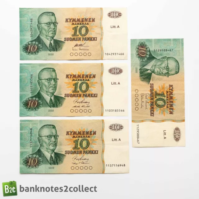 FINLAND: 4 x 10 Finnish Markkaa Banknotes.