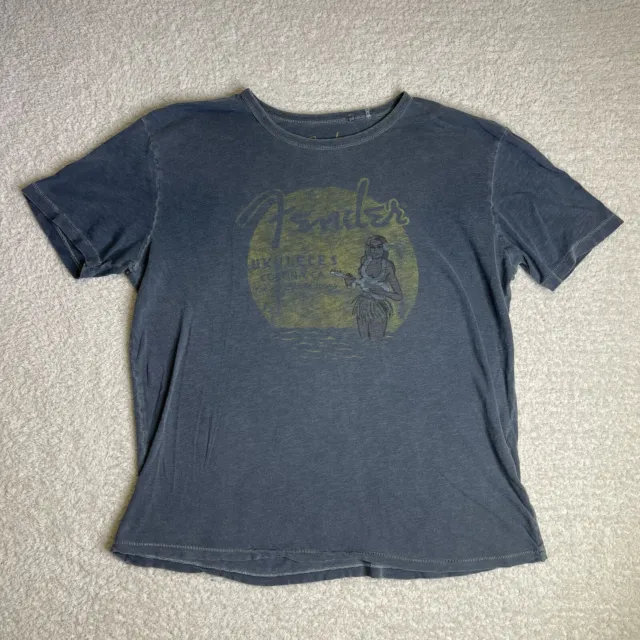 Fender By Lucky Brand T-Shirt Mens Large Blue Gray Short Sleeve Ukulele Girl