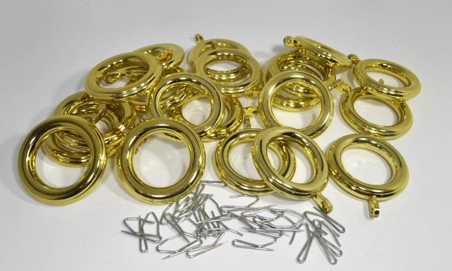 Drapery Curtain Rings Round Shiny Brass Gold w Eyelets Set Lot 20 For 1 1/4" Rod